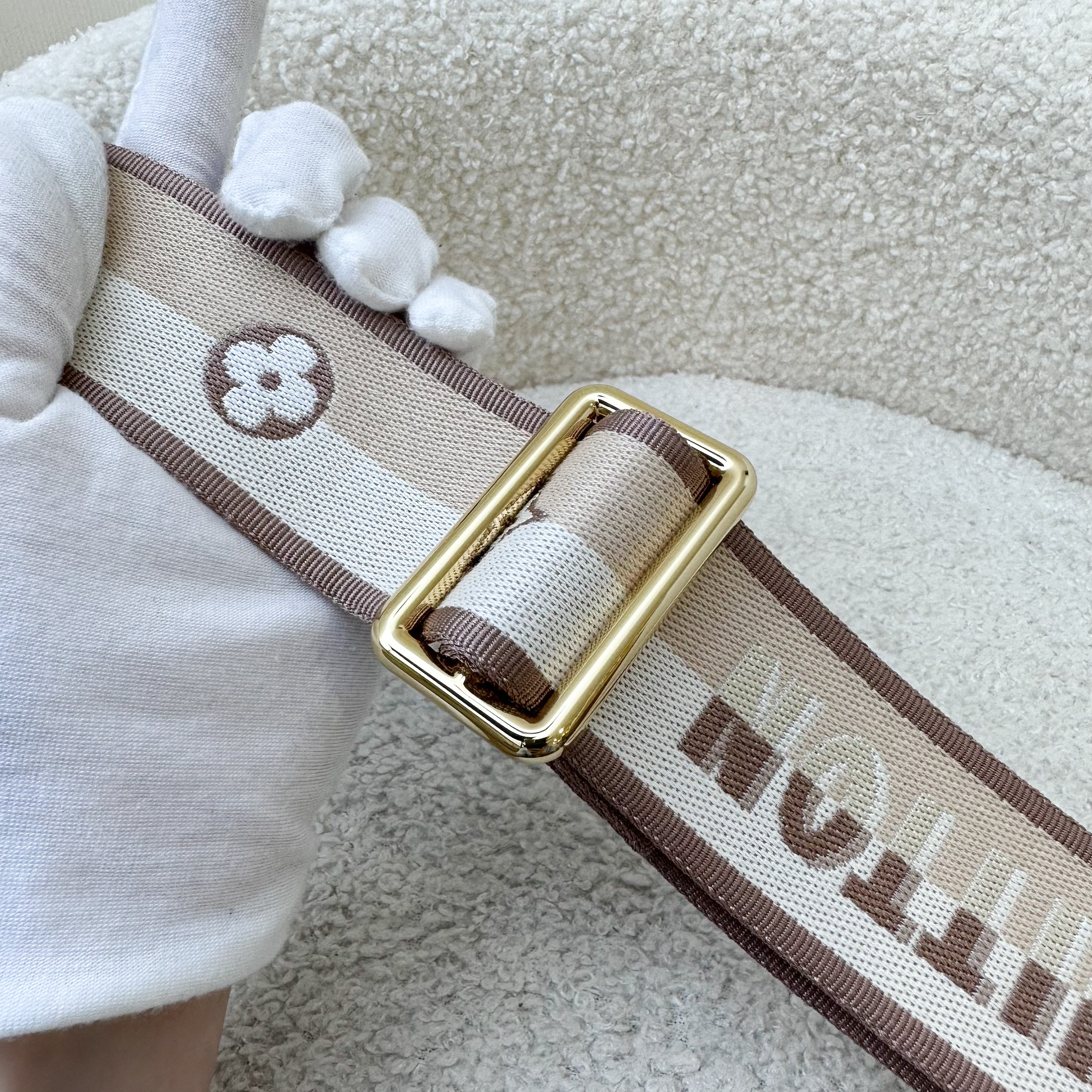 LV Speedy Bandouliere 20 in Monogram Canvas and Beige Patterned Strap