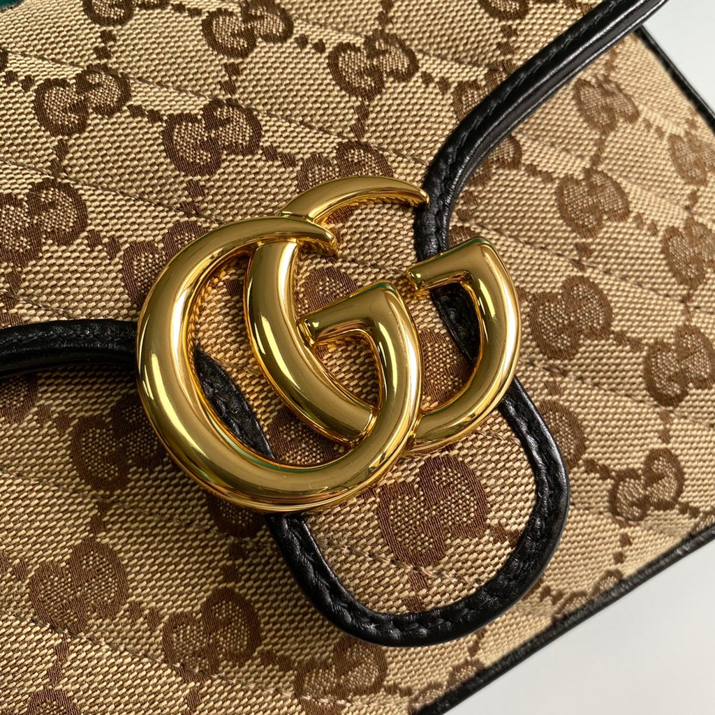 gg Ladies gg Canvas Marmont Mini Top Handle Bag Beige/Ebony Diagonal Matelassé Original gg Canvas 8.3in/21cm gg 583571 HVKEG 9772