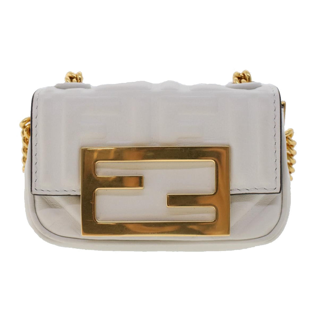 FENDI Zucca Canvas Nano Baguette Chain Shoulder Bag Leather White 47061