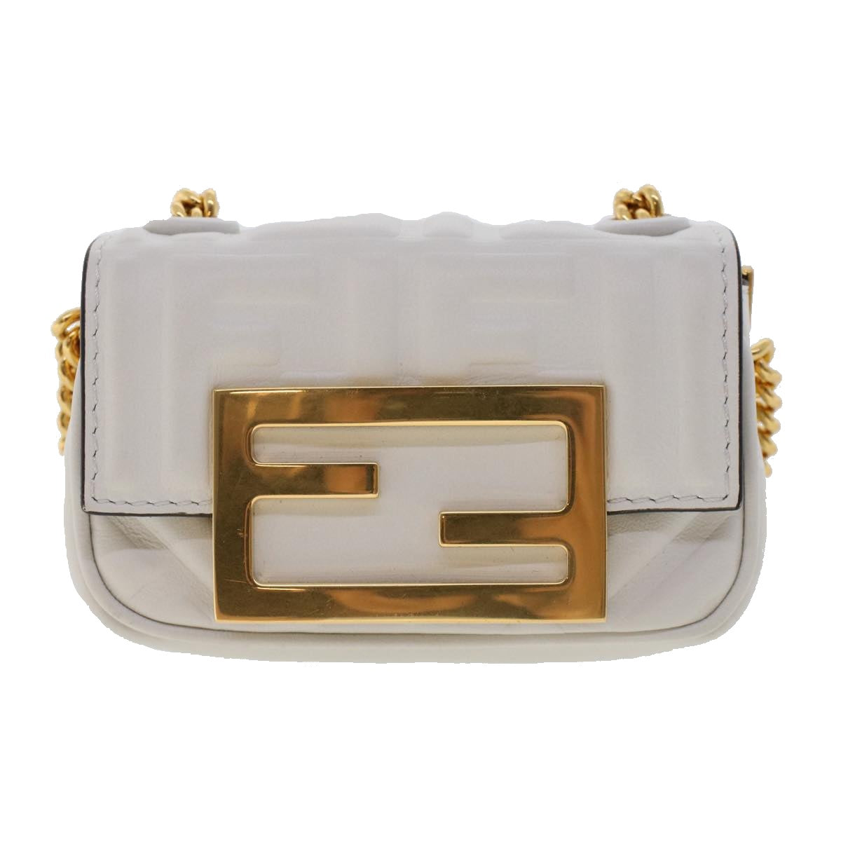 FENDI Zucca Canvas Nano Baguette Chain Shoulder Bag Leather White 47061