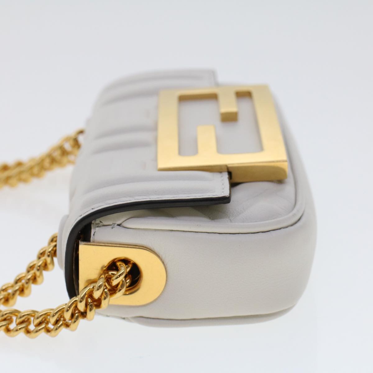 FENDI Zucca Canvas Nano Baguette Chain Shoulder Bag Leather White 47061