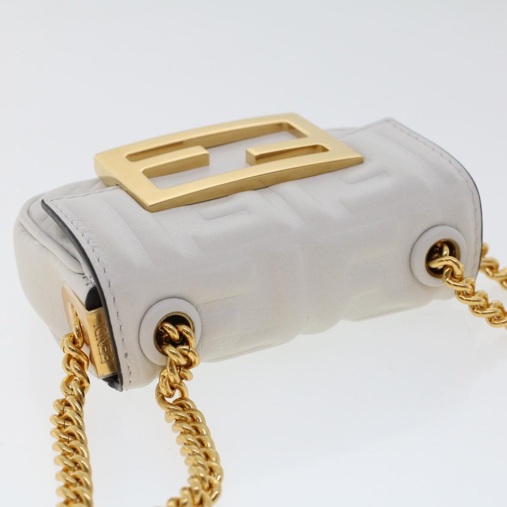 FENDI Zucca Canvas Nano Baguette Chain Shoulder Bag Leather White 47061