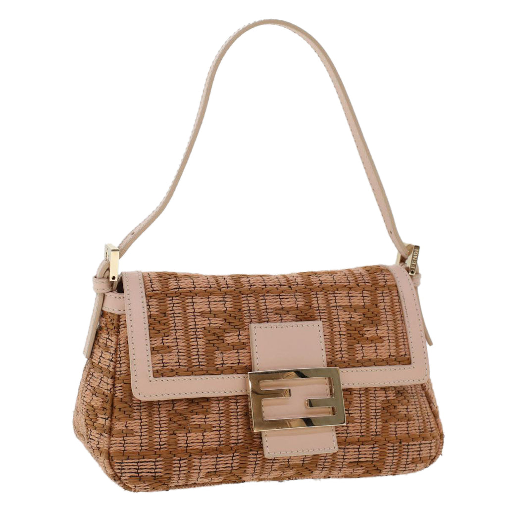 FENDI Mamma Baguette Shoulder Bag Straw Beige Pink 47062