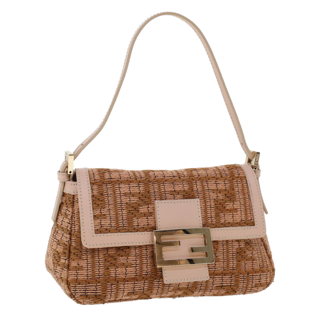 FENDI Mamma Baguette Shoulder Bag Straw Beige Pink 47062