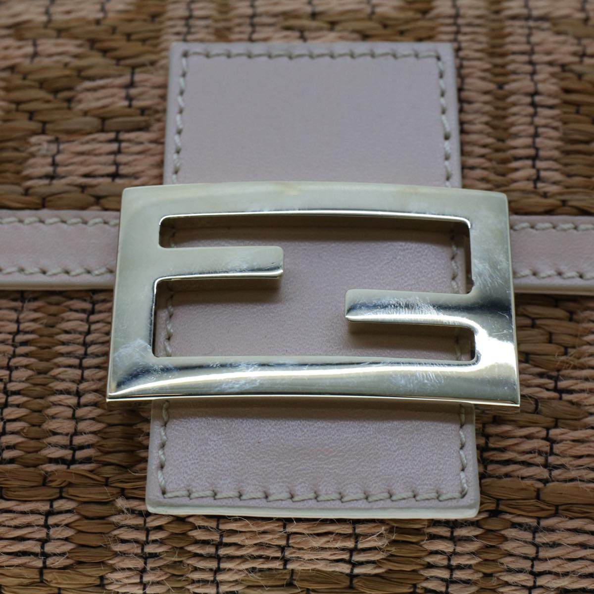 FENDI Mamma Baguette Shoulder Bag Straw Beige Pink 47062