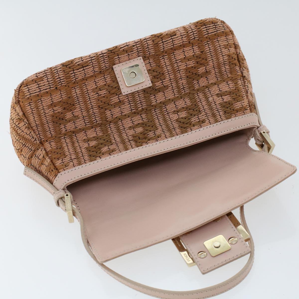 FENDI Mamma Baguette Shoulder Bag Straw Beige Pink 47062
