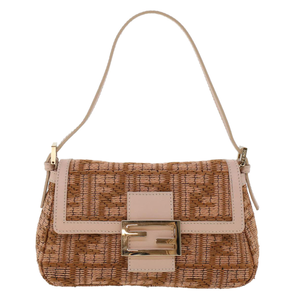 FENDI Mamma Baguette Shoulder Bag Straw Beige Pink 47062