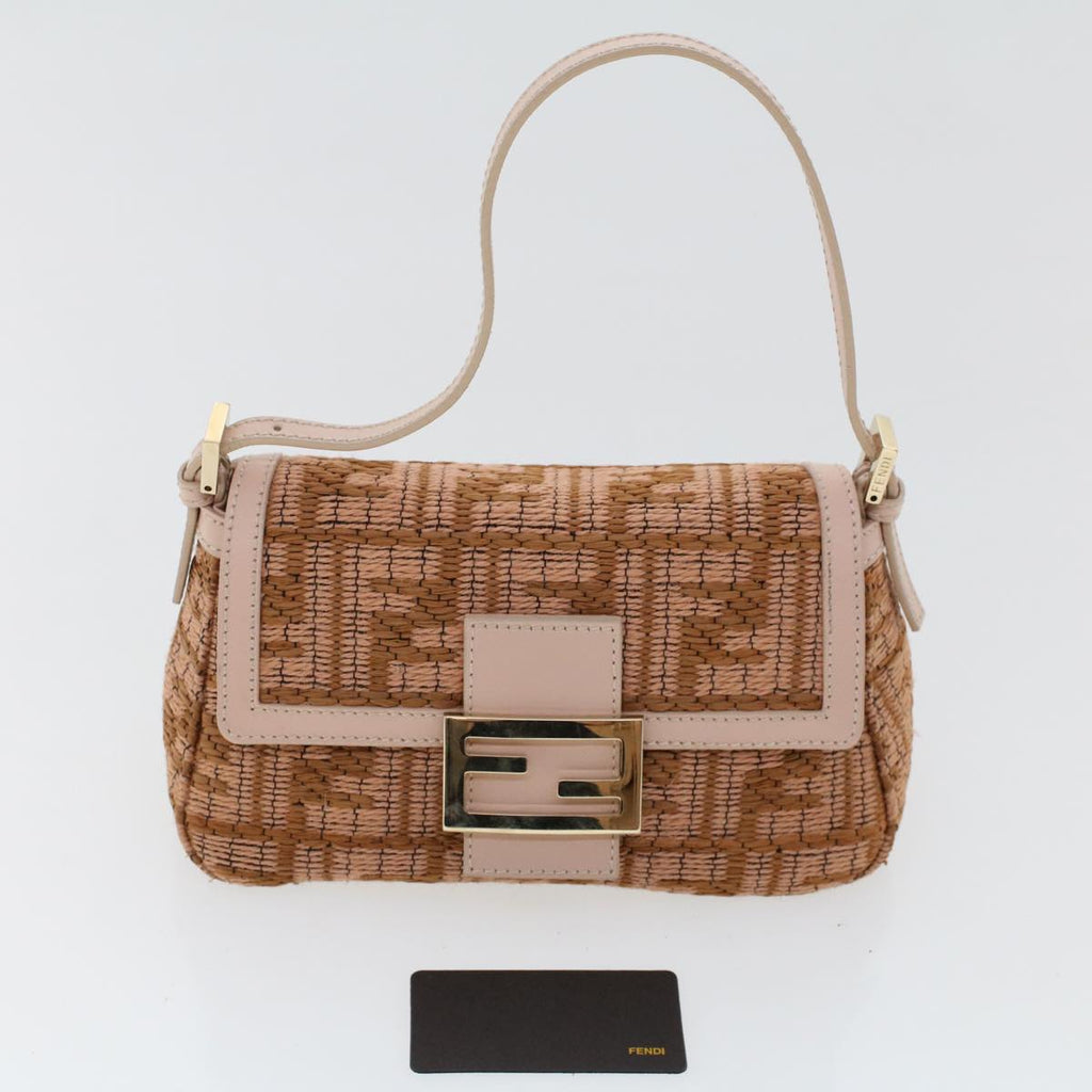 FENDI Mamma Baguette Shoulder Bag Straw Beige Pink 47062