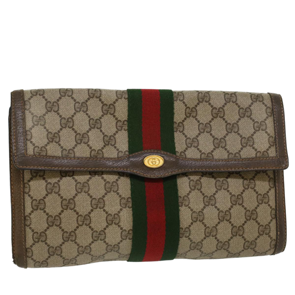 GUCCI GG Canvas Web Sherry Line Clutch Bag Beige Red 89•01•007 47106