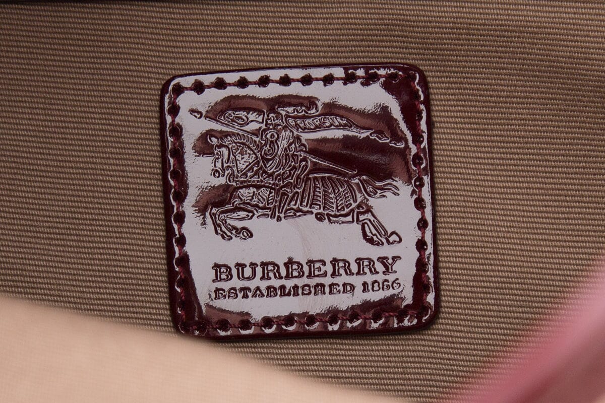 Burberry Burgundy Patent Leather Trim Plaid Handbag
