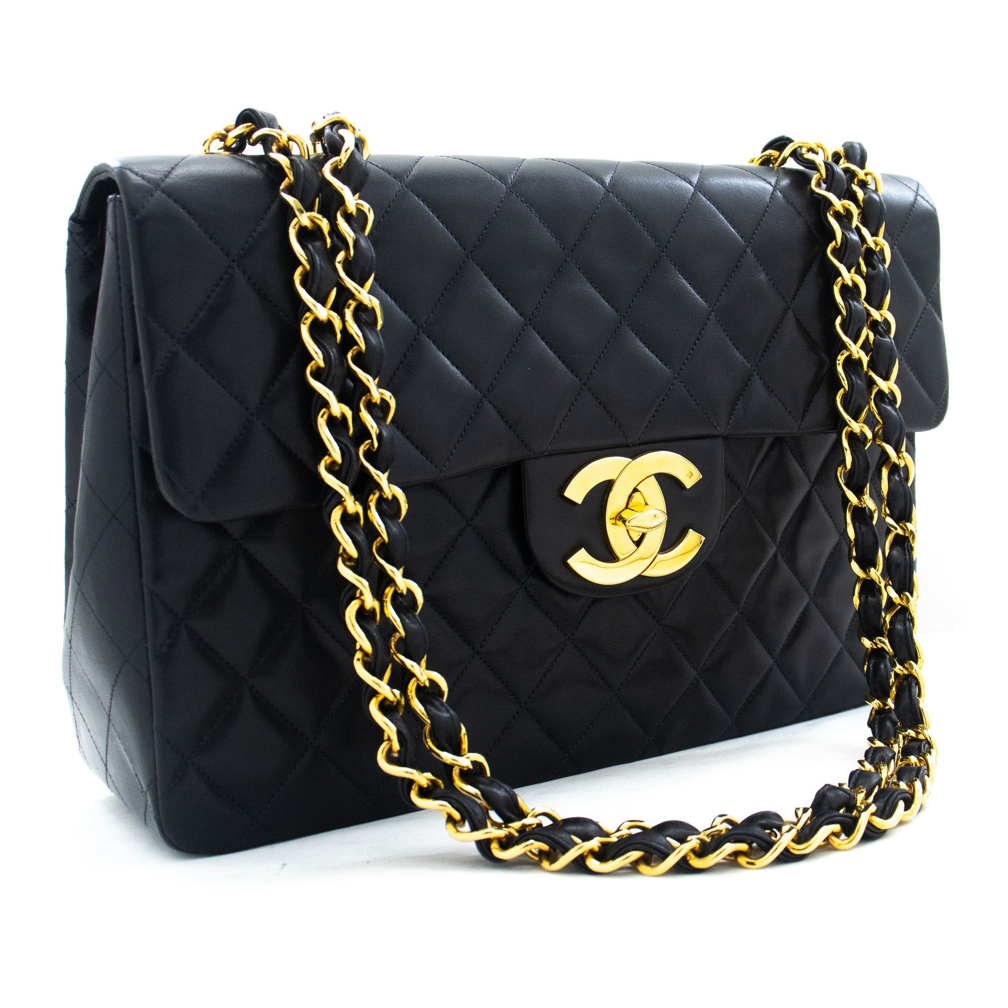 CHANEL Classic Large 13" Flap Chain Shoulder Bag Black Lambskin j63