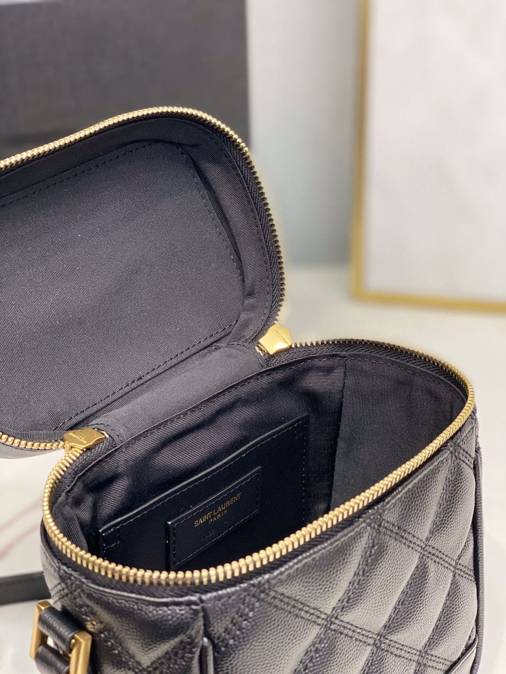 YSSL 80’s Vanity Bag In Carré-Quilted Grain De Poudre Black For Women 6.4in/16.5cm YSL 649779DME271000