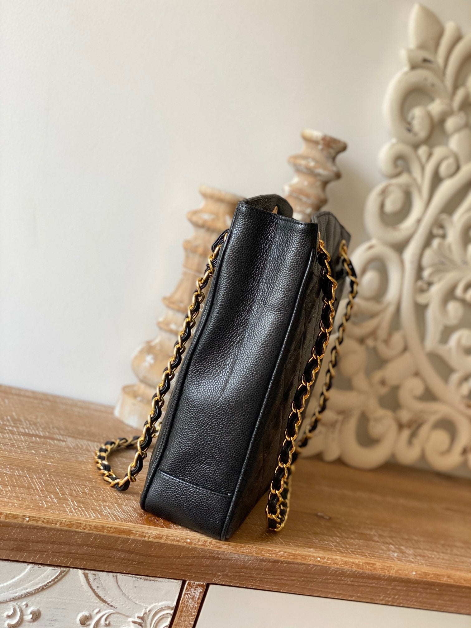 CHLVintage Black Large Quilted Caviar Tote Bag For Women 28cm/11in