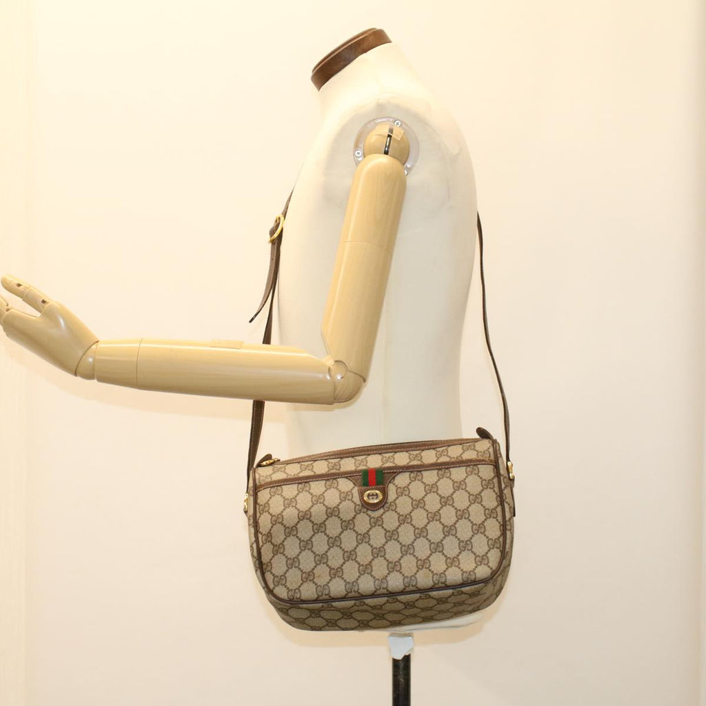 GUCCI GG Canvas Web Sherry Line Shoulder Bag PVC Leather Beige Green 47988