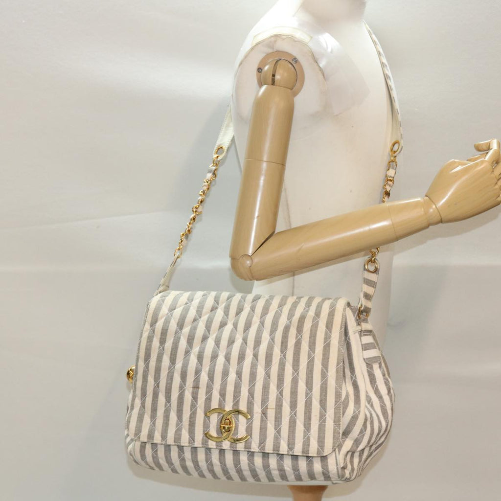 CHANEL Matelasse Shoulder Bag Canvas Light Blue White CC 48071A