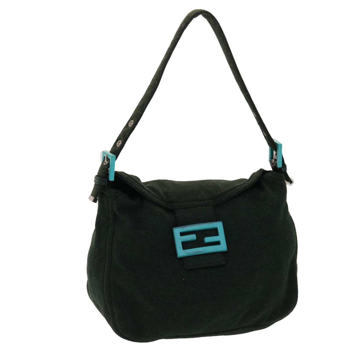 FENDI Mamma Baguette Shoulder Bag Canvas Khaki Turquoise Blue 48073