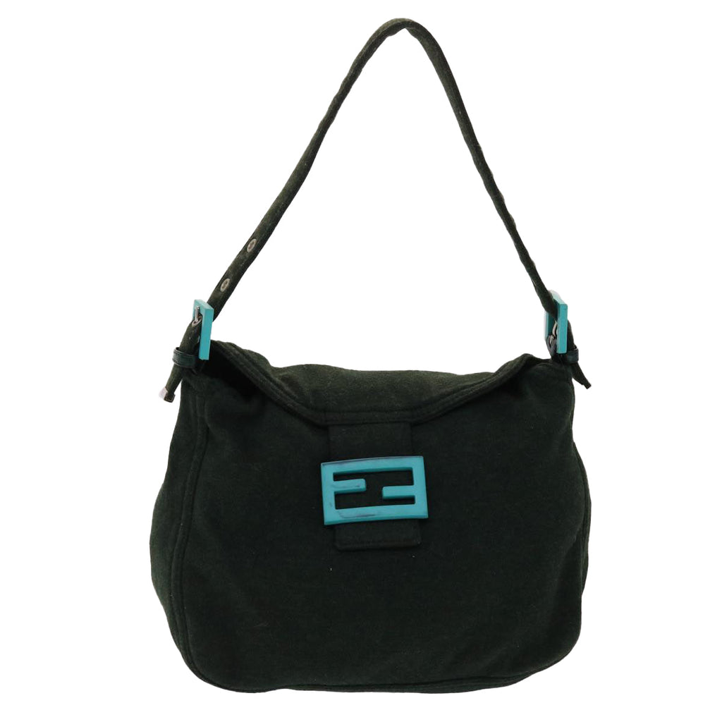 FENDI Mamma Baguette Shoulder Bag Canvas Khaki Turquoise Blue 48073