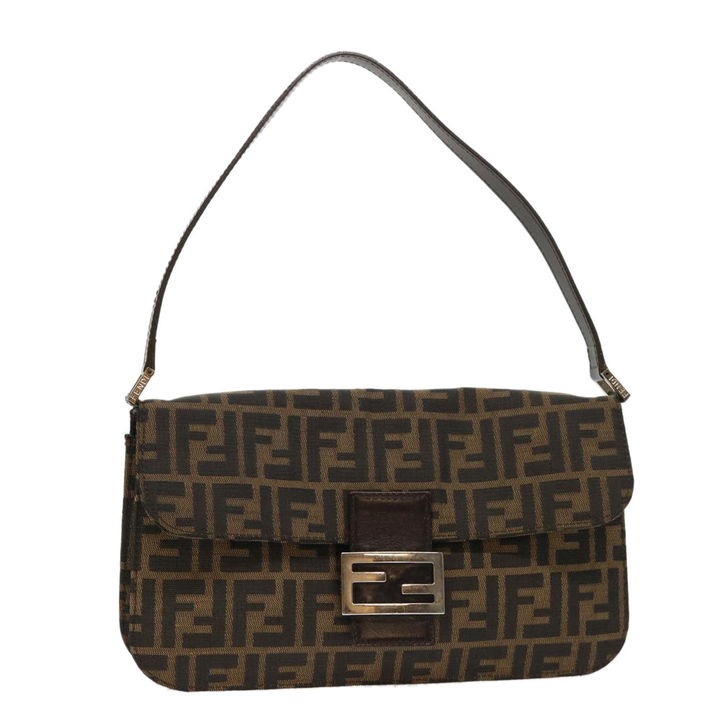 FENDI Zucca Canvas Mamma Baguette Shoulder Bag Leather Black Brown 48262