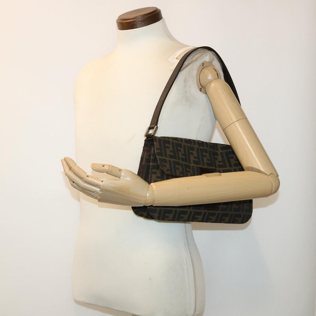 FENDI Zucca Canvas Mamma Baguette Shoulder Bag Leather Black Brown 48262