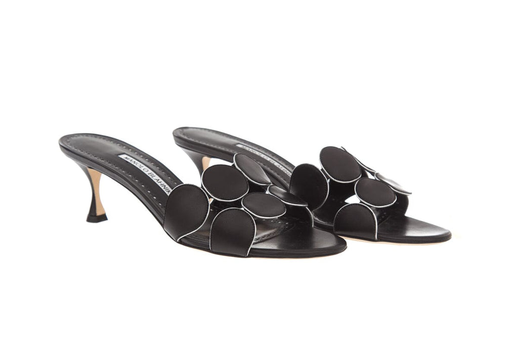 Manolo Blahnik Black Kitten Heel Disk Strap Mules SZ 39.5