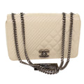 CHANEL Chevron x Matelasse Chain Shoulder Bag Lamb Skin White CC 48469A