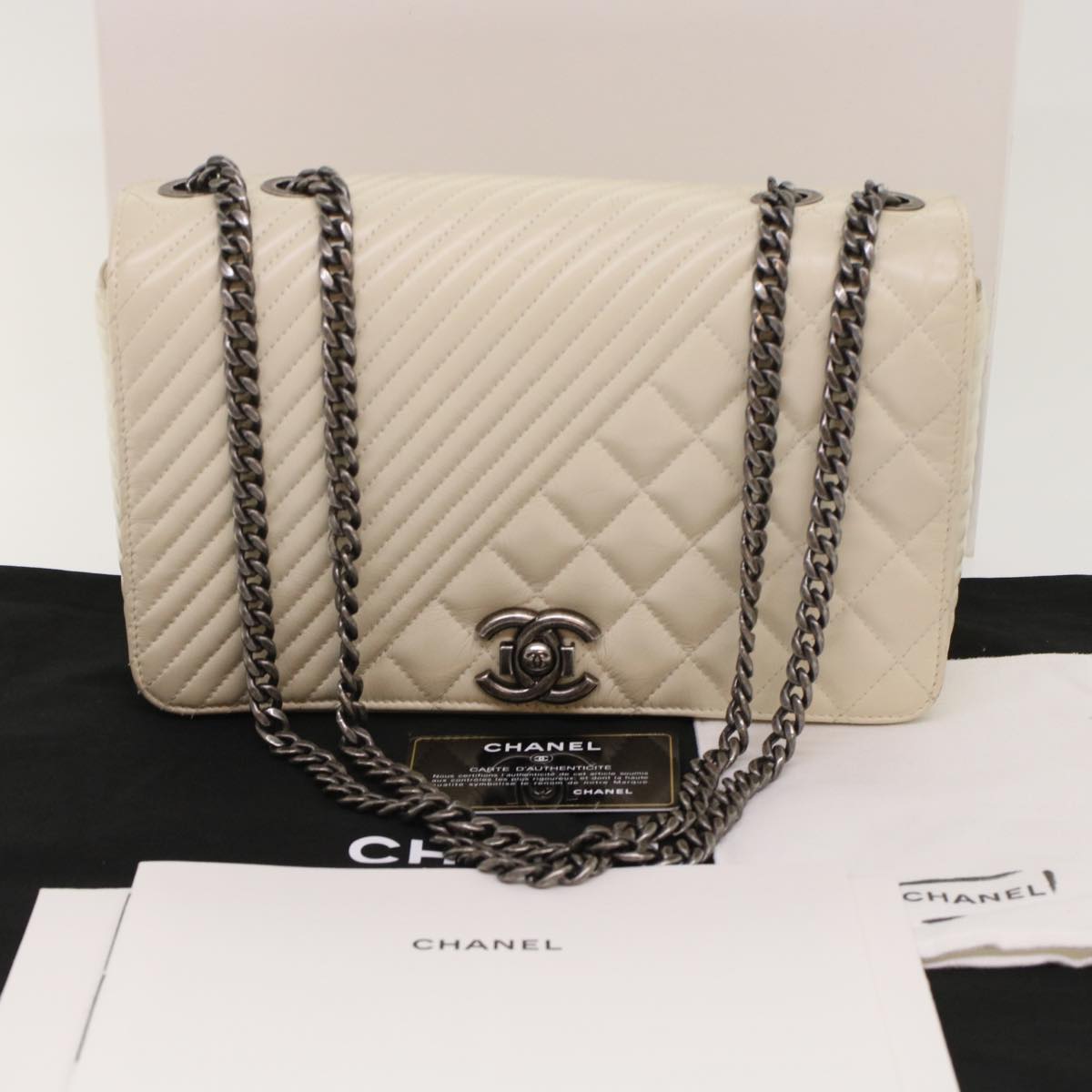 CHANEL Chevron x Matelasse Chain Shoulder Bag Lamb Skin White CC 48469A