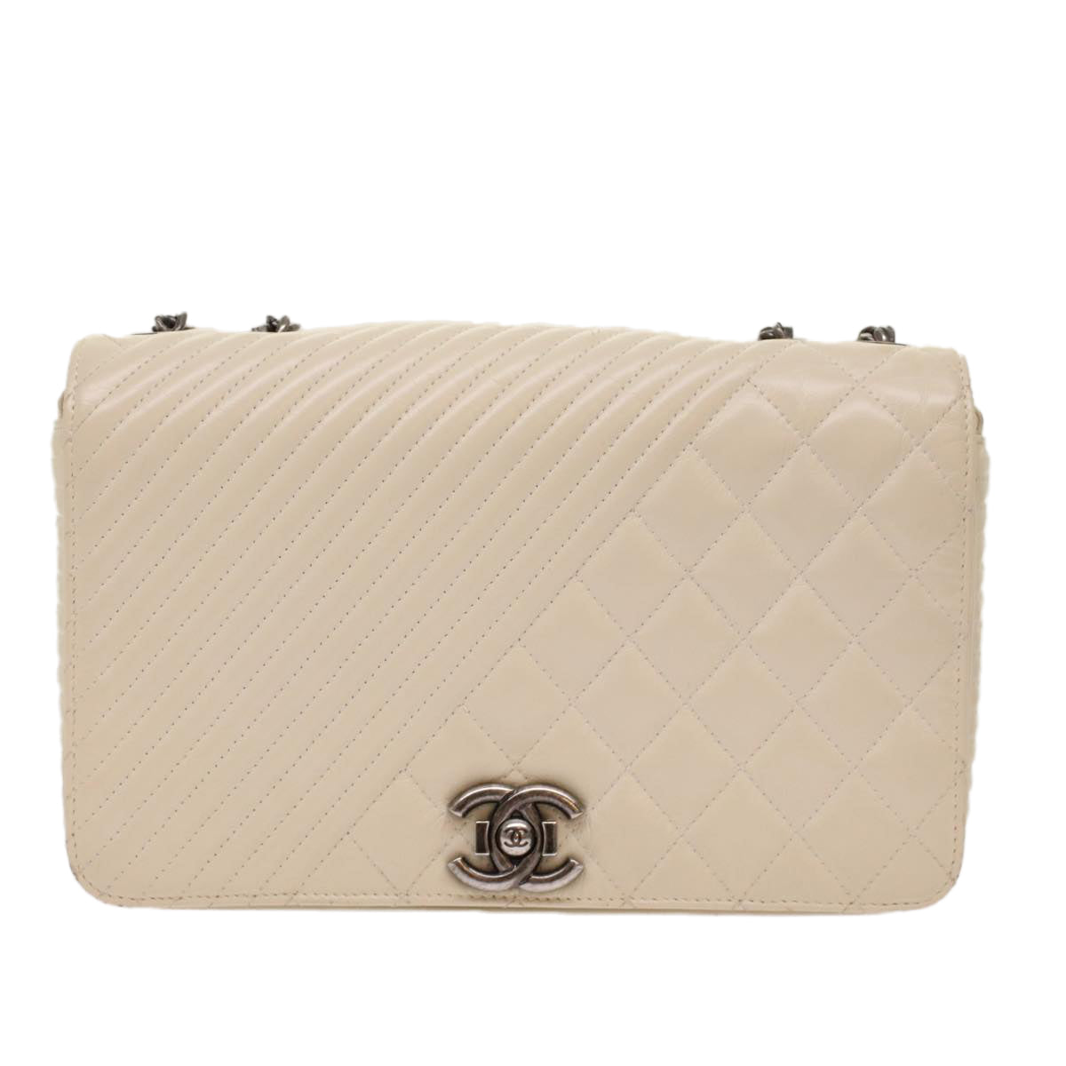 CHANEL Chevron x Matelasse Chain Shoulder Bag Lamb Skin White CC 48469A
