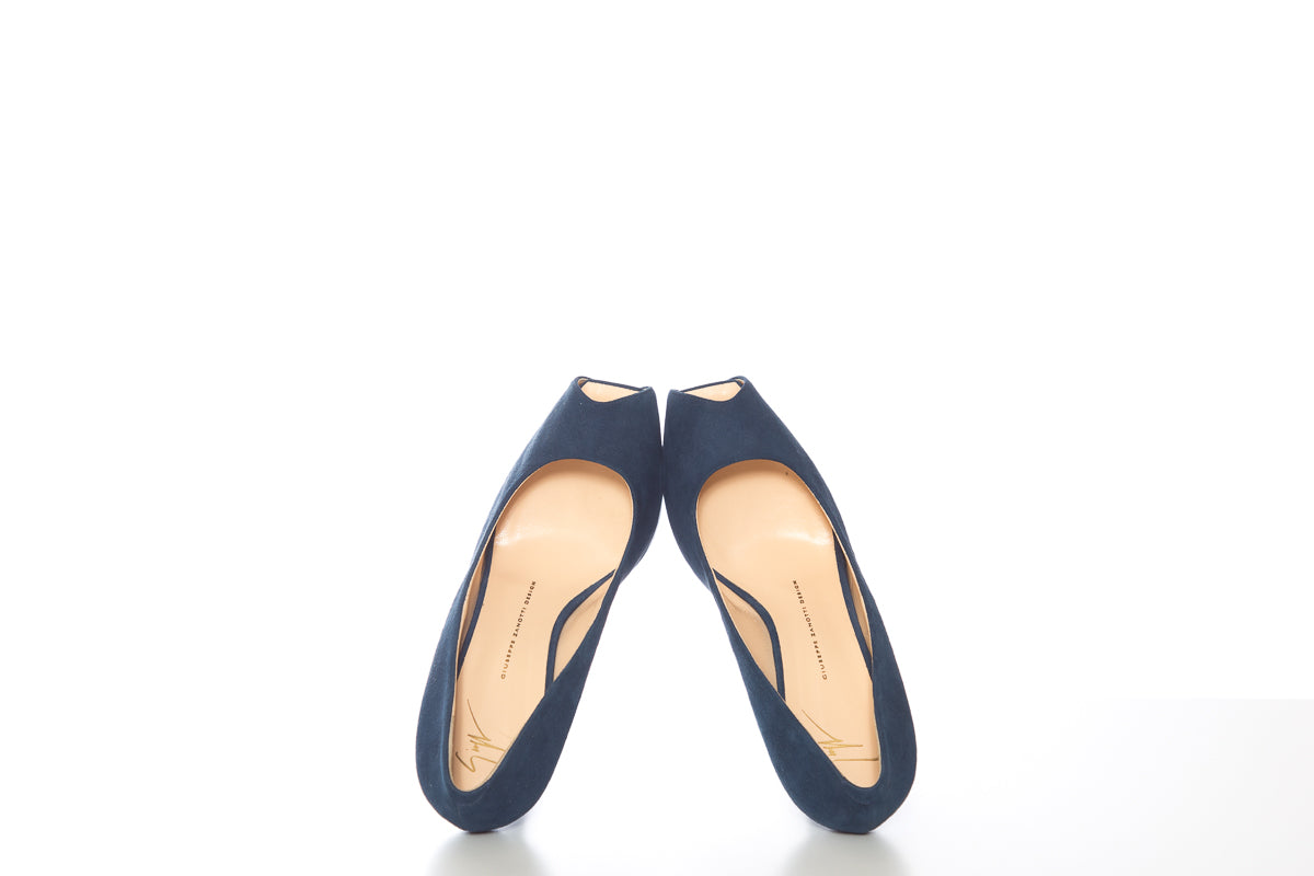 Guiseppe Zanotti Dark Blue Suede Peep Toe Platforms SZ 40