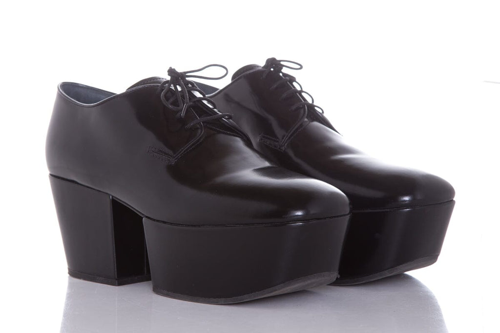 Prada Black Leather Heel Derby Loafers SZ 38.5