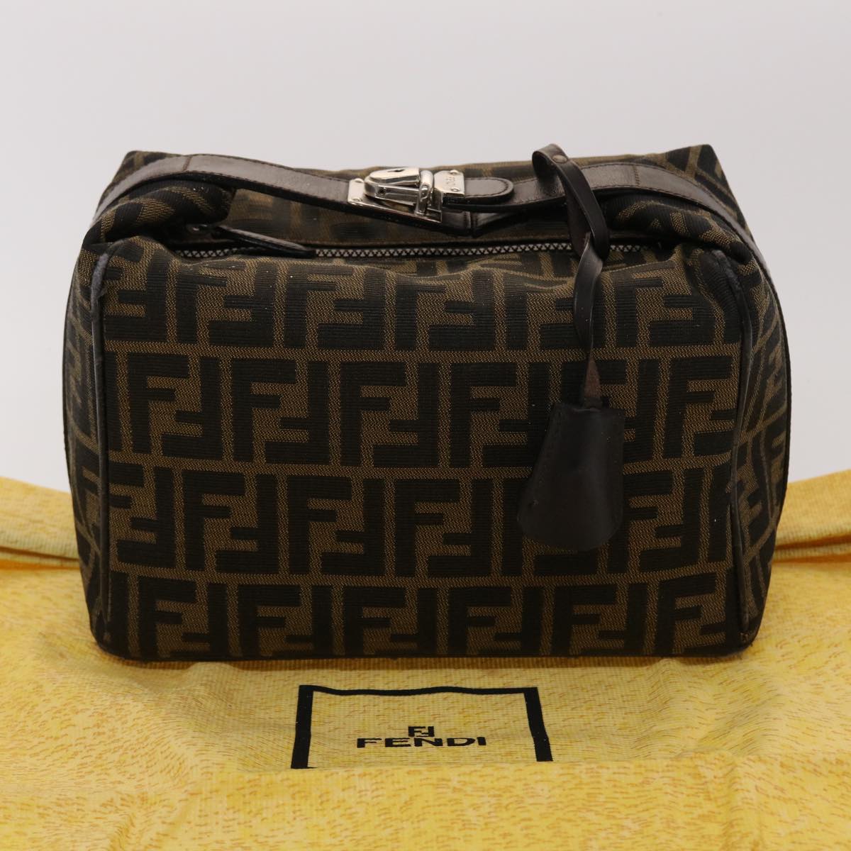 FENDI Zucca Canvas Pouch Leather Black Brown 2111 26348.098 48685