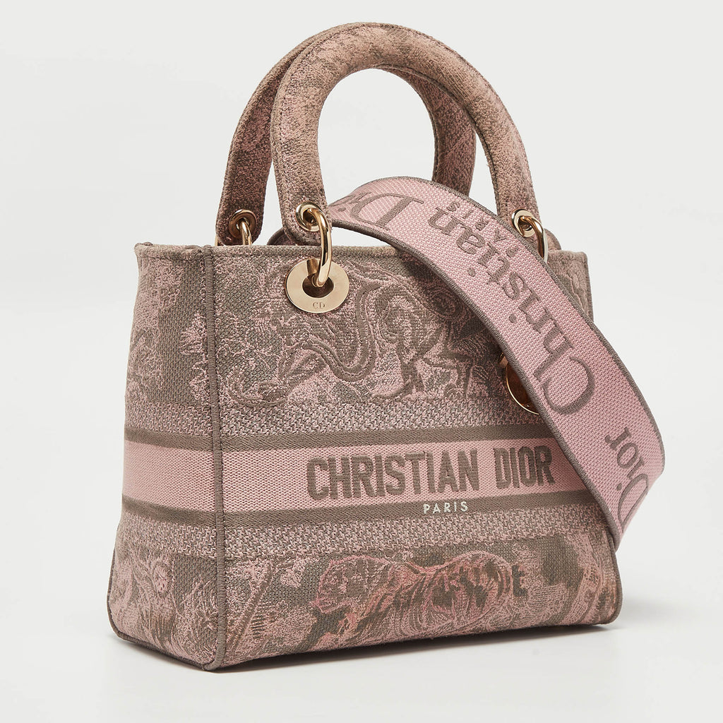 Dior /grey Embroidered Canvas Medium Lady D-Lite Tote