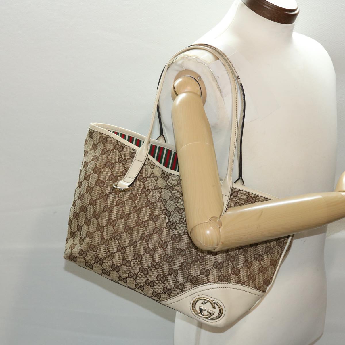 GUCCI GG Canvas Tote Bag Beige White 49055