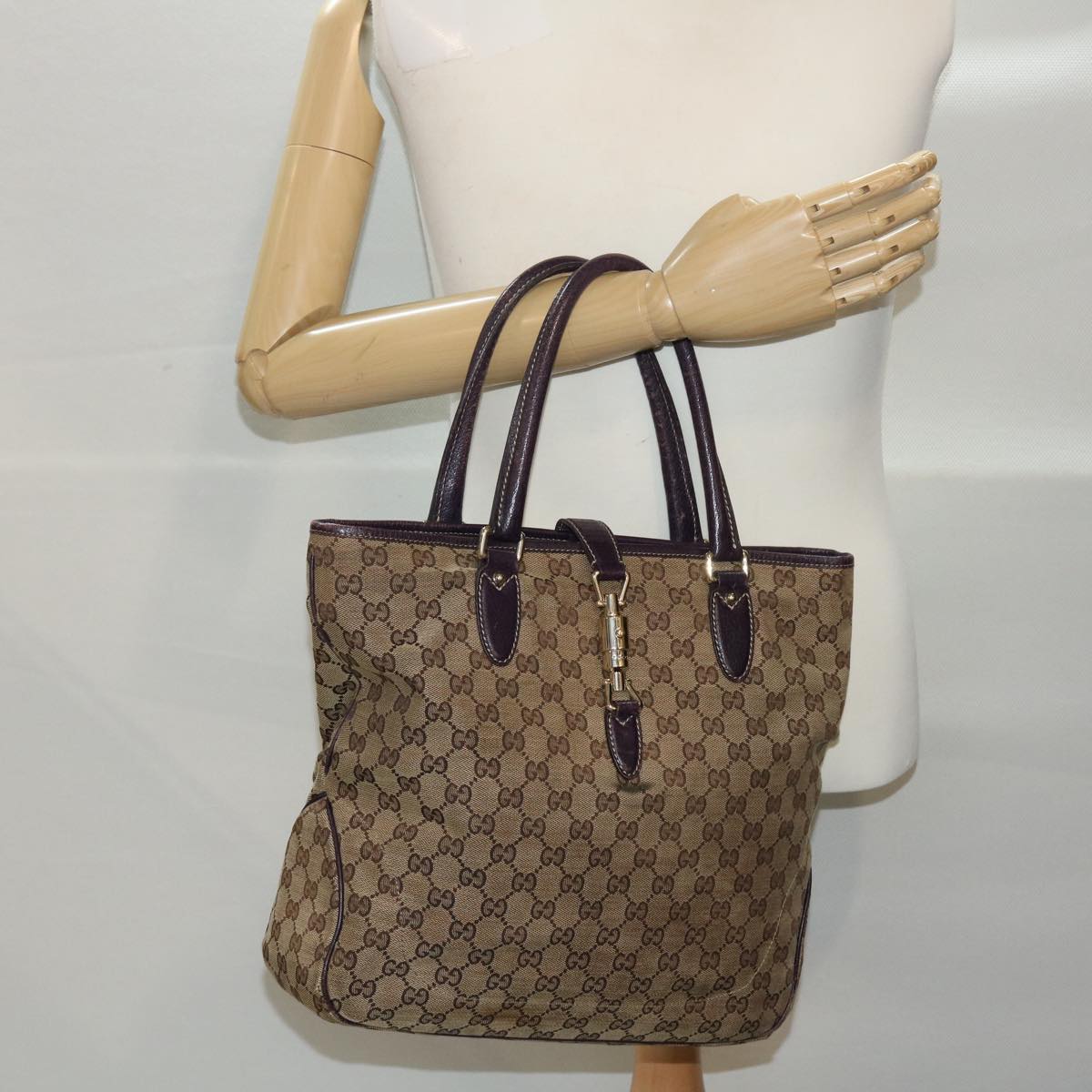 GUCCI GG Canvas Jackie Tote Bag Beige Purple 49056