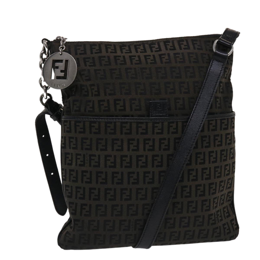 FENDI Zucchino Canvas Chain Shoulder Bag Black 49106