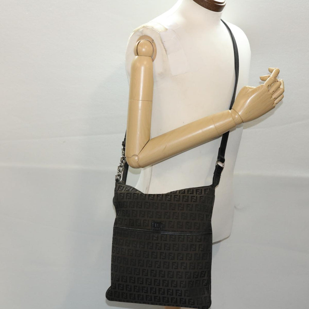 FENDI Zucchino Canvas Chain Shoulder Bag Black 49106