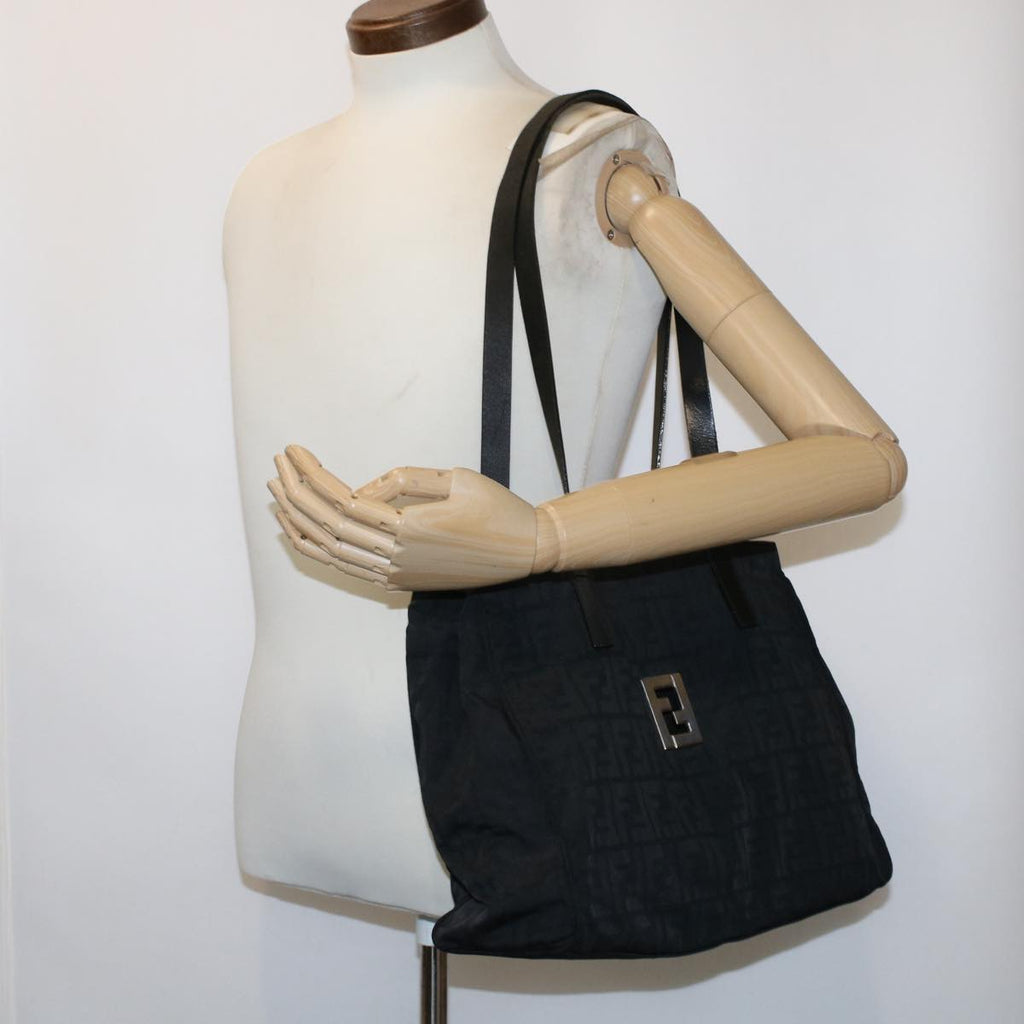 FENDI Zucca Canvas Shoulder Bag Nylon Leather Black 49326