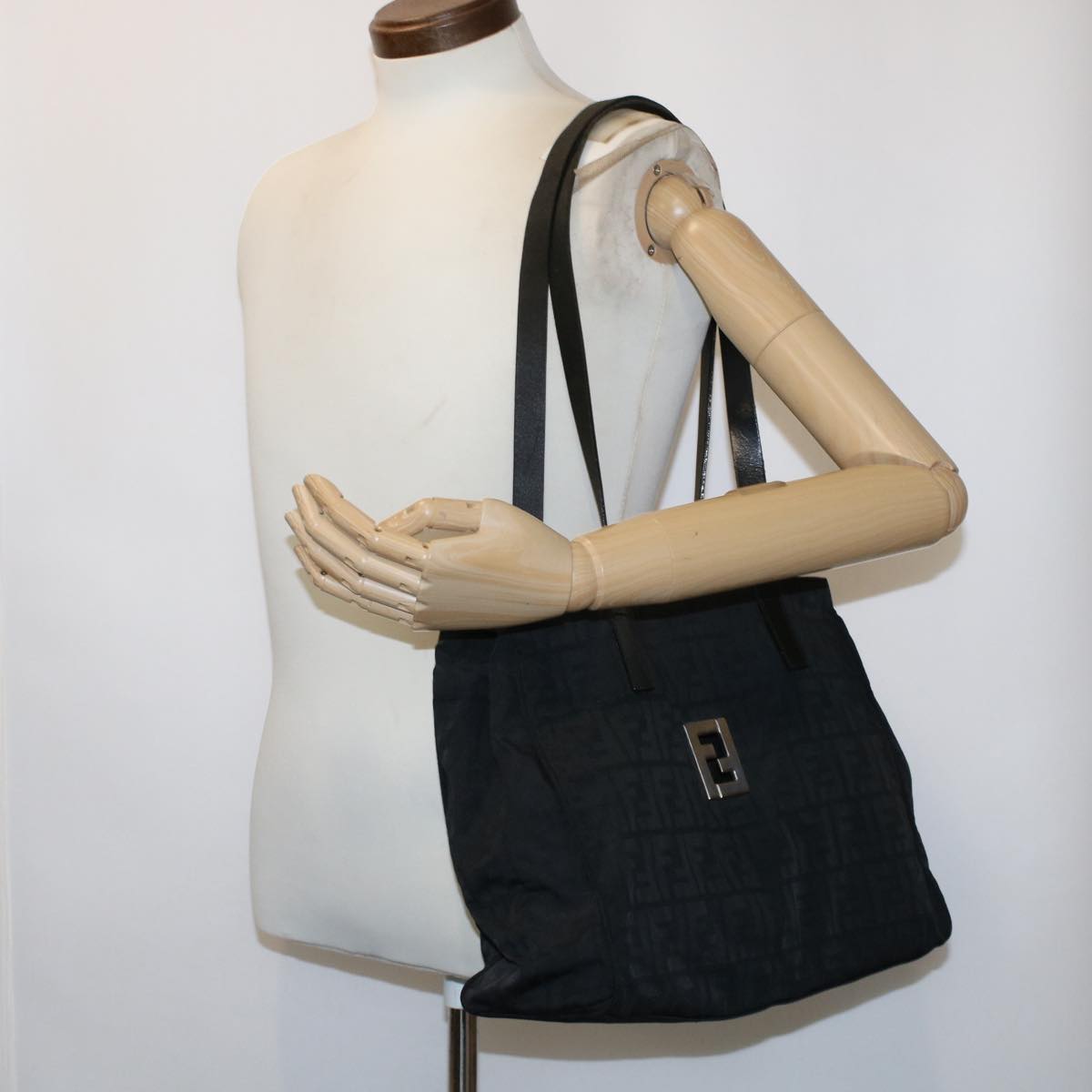 FENDI Zucca Canvas Shoulder Bag Nylon Leather Black 49326