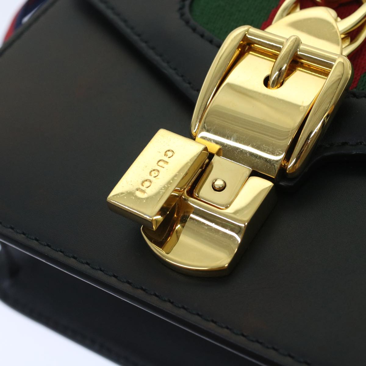 GUCCI Web Sherry Line Chain Silvi Shoulder Bag Leather Black 431666 49437A