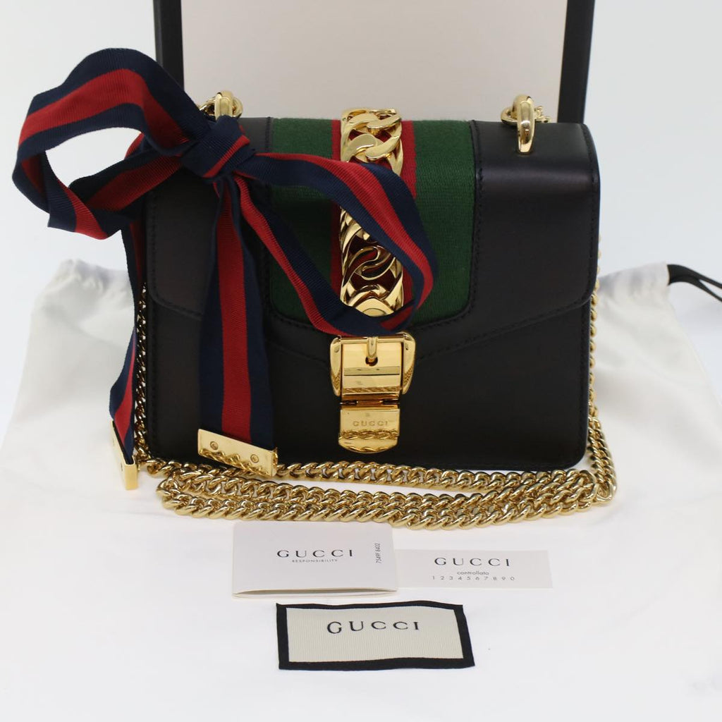 GUCCI Web Sherry Line Chain Silvi Shoulder Bag Leather Black 431666 49437A