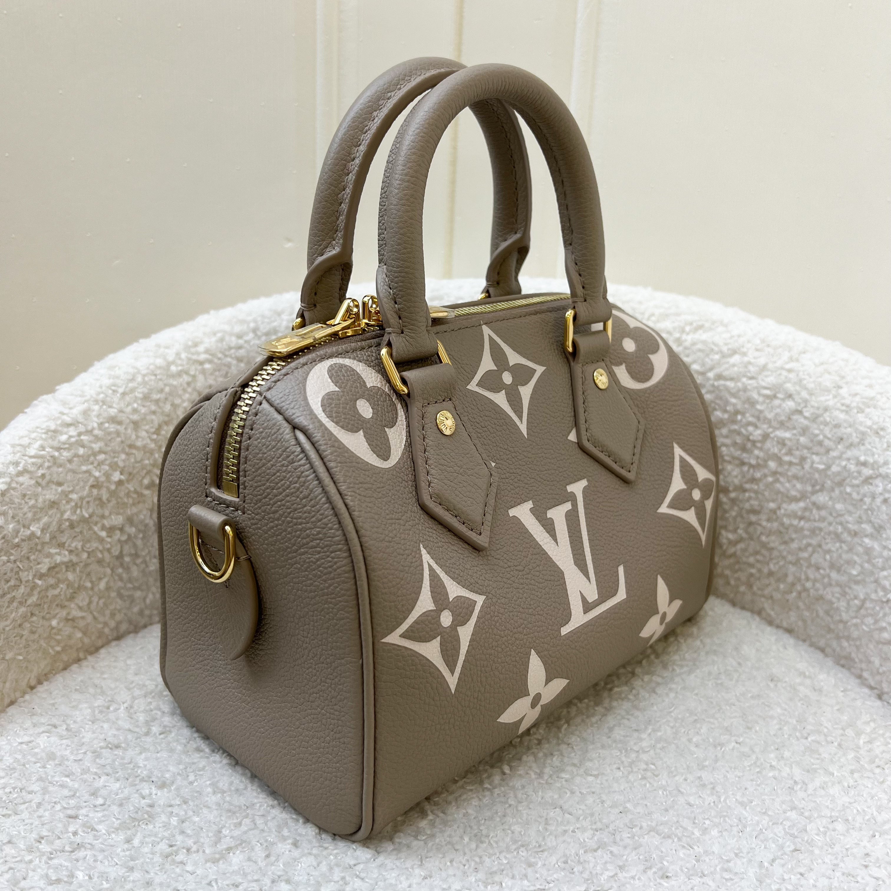 LV Speedy Bandouliere 20 in Tourterelle Giant Monogram Empreinte Leather and GHW