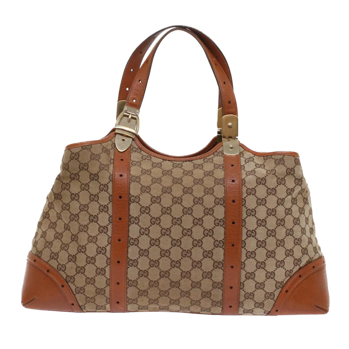 GUCCI GG Canvas Tote Bag Leather Beige 145769 49602
