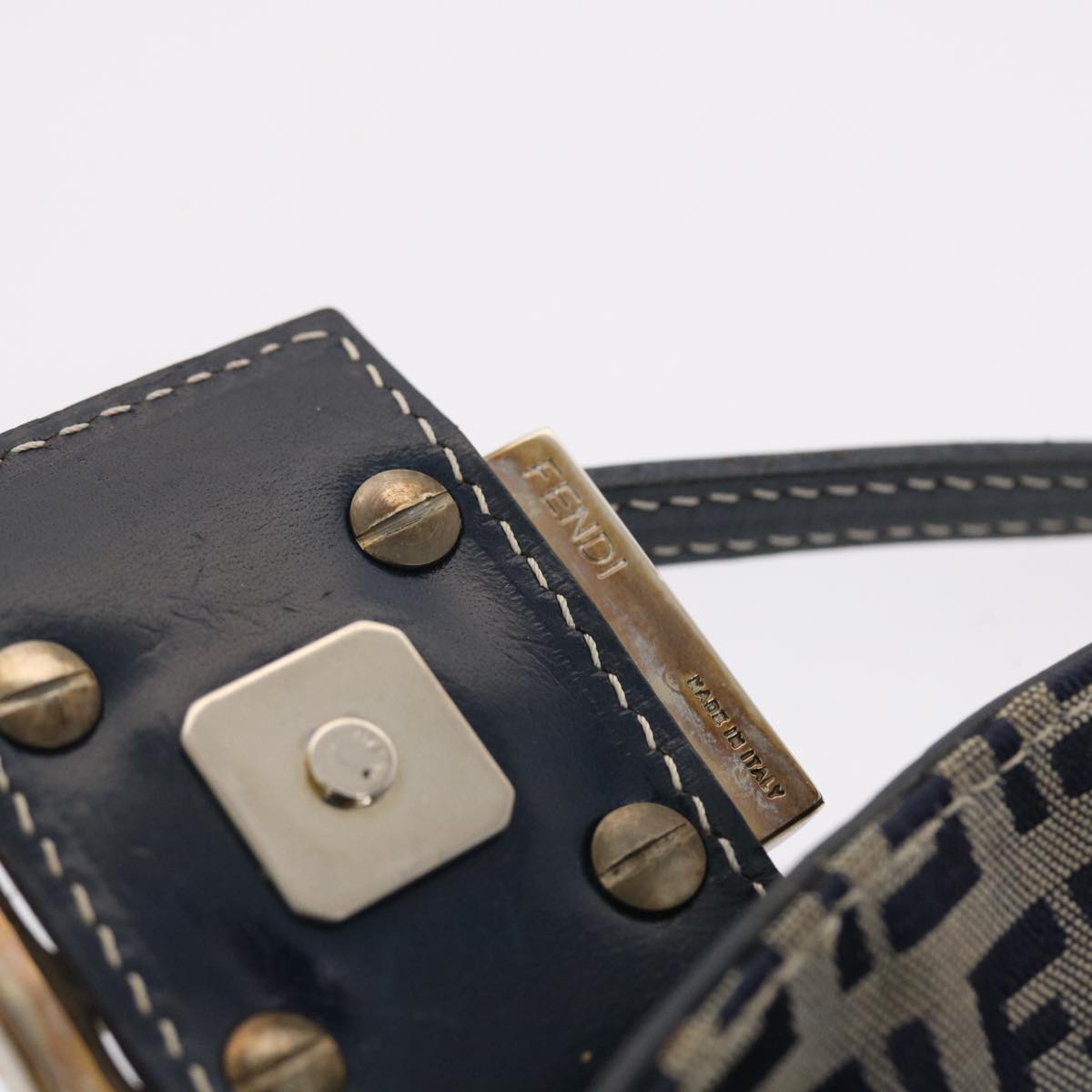 FENDI Zucchino Canvas Mamma Baguette Shoulder Bag Navy 49779