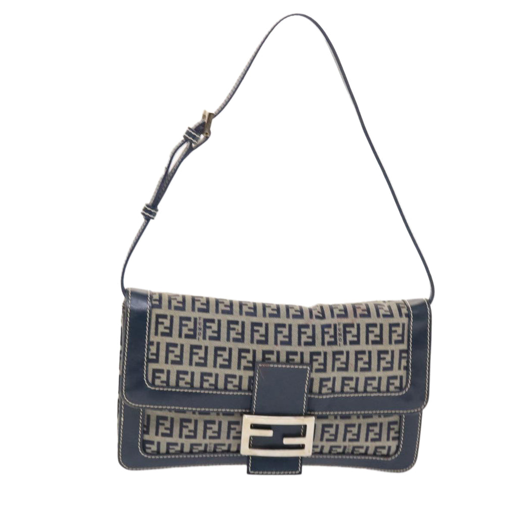 FENDI Zucchino Canvas Mamma Baguette Shoulder Bag Navy 49779