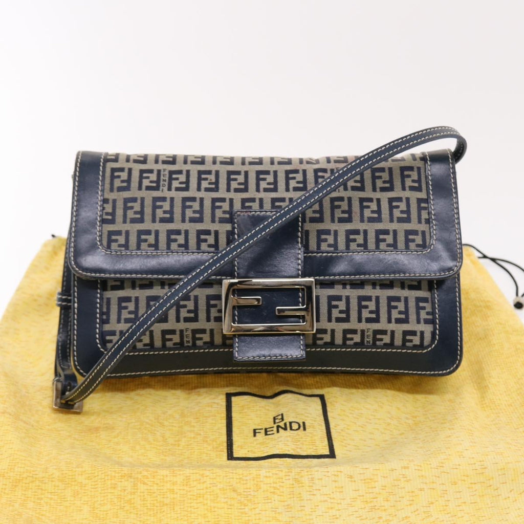 FENDI Zucchino Canvas Mamma Baguette Shoulder Bag Navy 49779