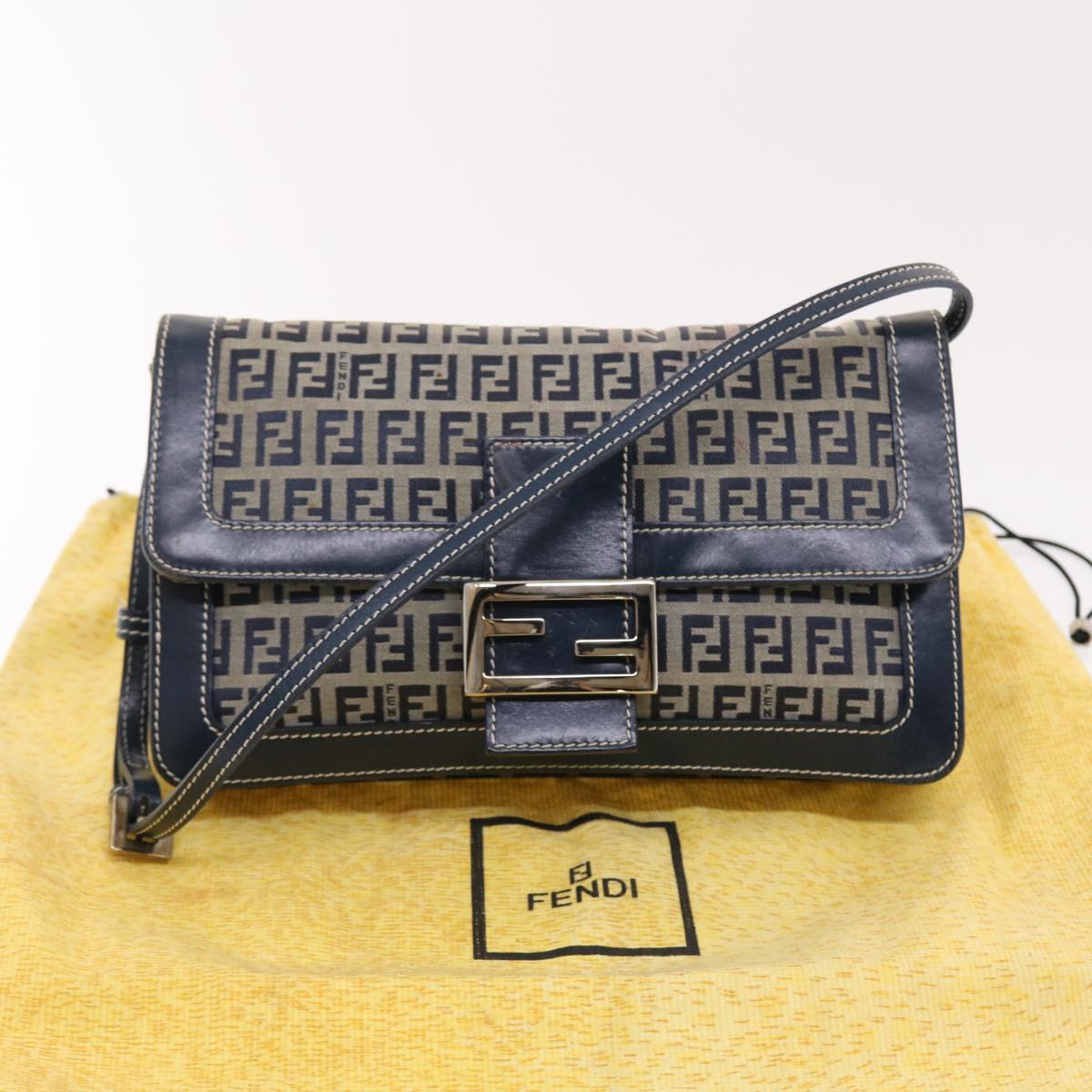 FENDI Zucchino Canvas Mamma Baguette Shoulder Bag Navy 49779