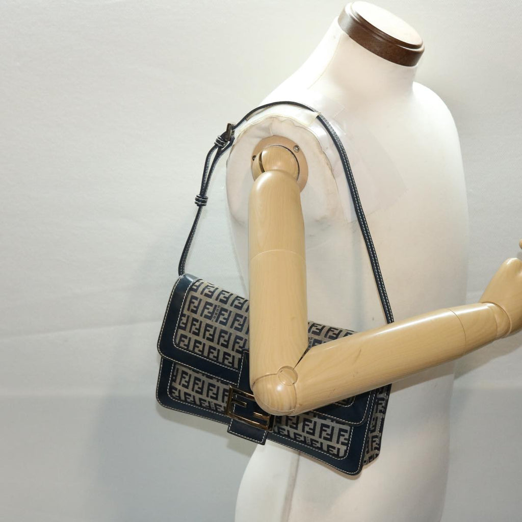 FENDI Zucchino Canvas Mamma Baguette Shoulder Bag Navy 49779