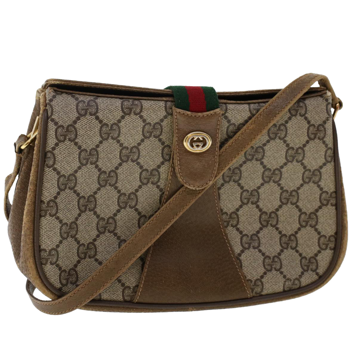 GUCCI GG Canvas Web Sherry Line Shoulder Bag PVC Leather Beige Red 49894