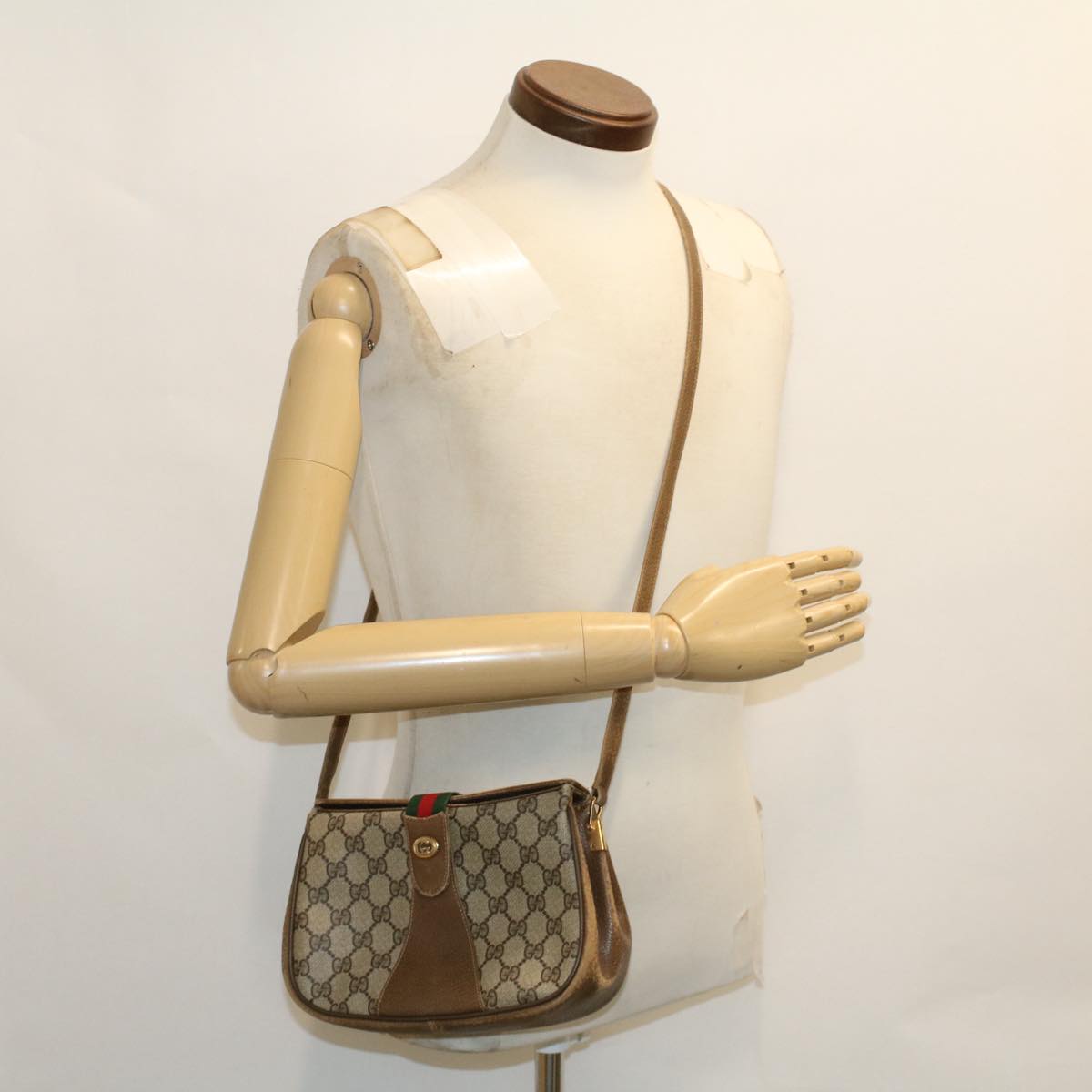 GUCCI GG Canvas Web Sherry Line Shoulder Bag PVC Leather Beige Red 49894