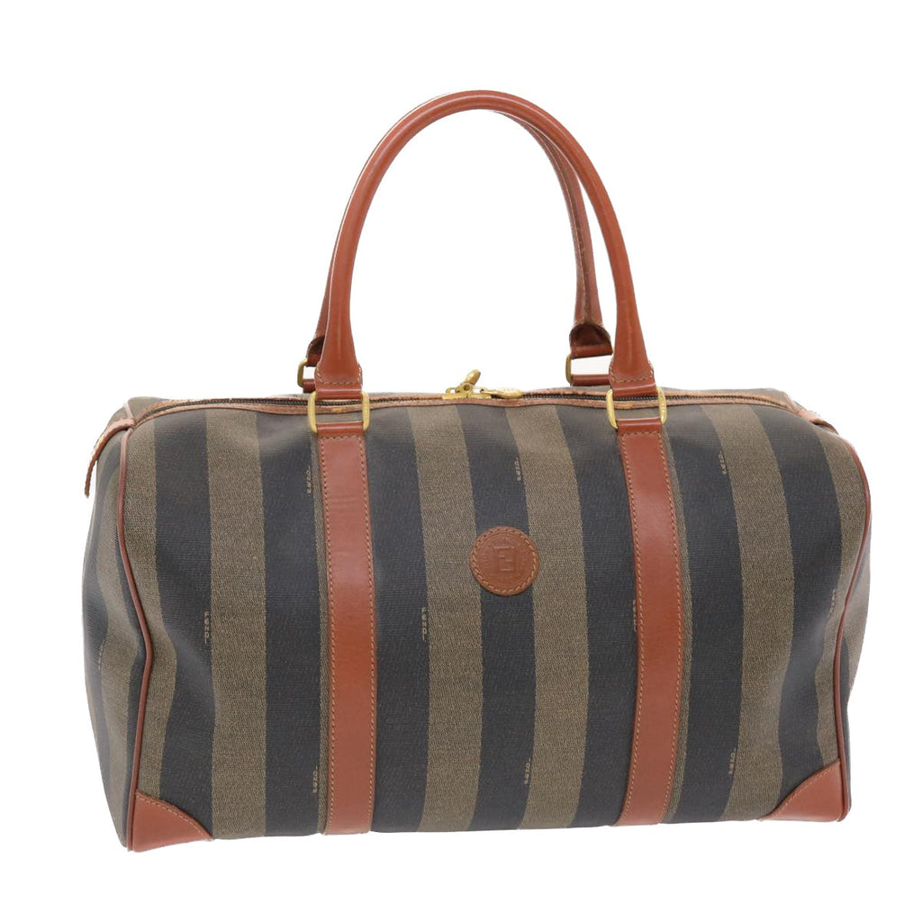 FENDI Pecan Canvas Boston Bag PVC Leather Brown Black 49995