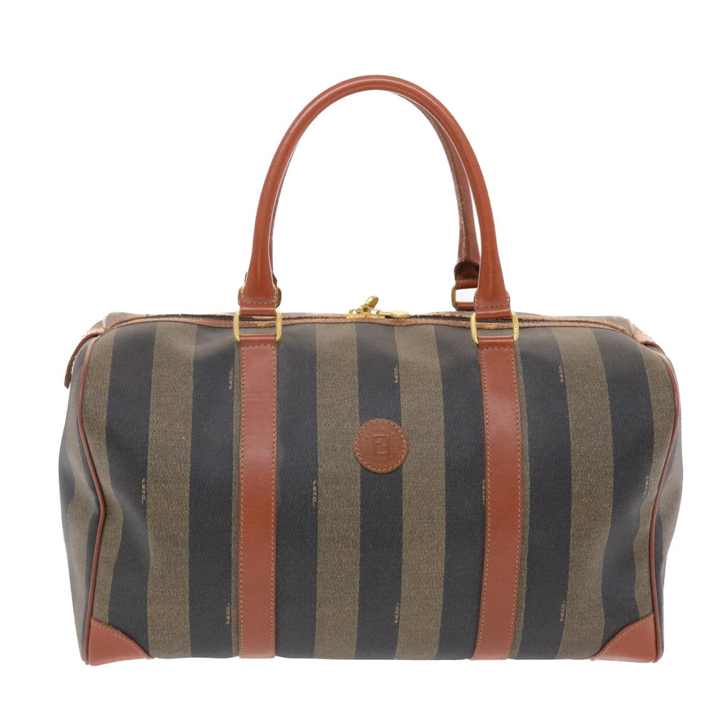 FENDI Pecan Canvas Boston Bag PVC Leather Brown Black 49995